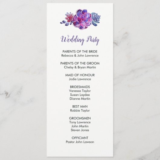 Purple Aquarelle Programmes De Mariage Succulent (Dos)