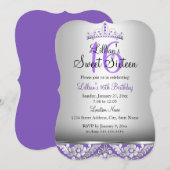 Purple Argent Damask & Tiara Sweet 16 Invitation (Devant / Derrière)
