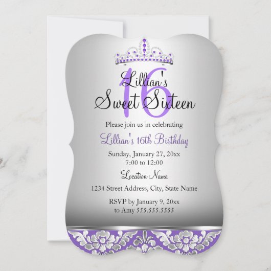 Purple Argent Damask & Tiara Sweet 16 Invitation (Devant)