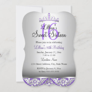 Purple Argent Damask & Tiara Sweet 16 Invitation