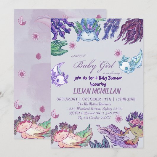 PURPLE AXOLOTL Baby shower Invitation fille (Devant / Derrière)