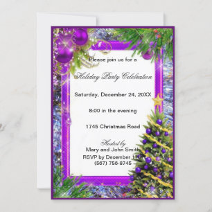 Purple Baubles Holiday Tree Noël Invitation