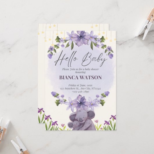 Purple Beige mignon Baby shower Invitation (Devant/Arrière en situation)