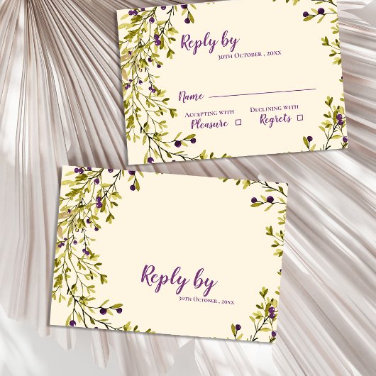Purple Berry Botanical Greenery Wedding  RSVP Kaartje