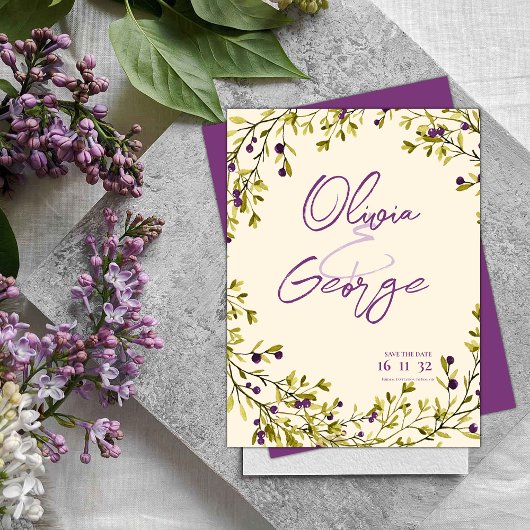 Purple Berry Greenery Leaves Wedding Save the Date Briefkaart