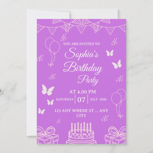 Purple Birthday Party Invitation with Balloons (Devant)