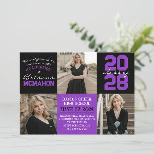 Purple & Black 4 Photo Graduation Faire-part