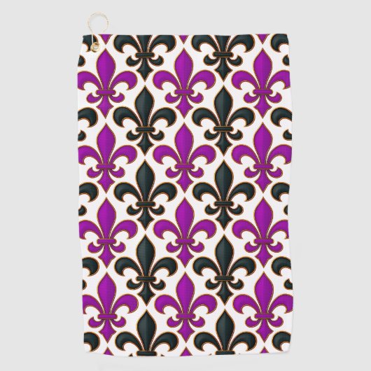 Purple Black Baroque Fleur-de-lis Pattern Design  Golfhanddoek (Voorkant)