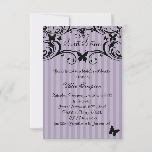 Purple & Black Butterfly Sweet16 Invitation (Devant)