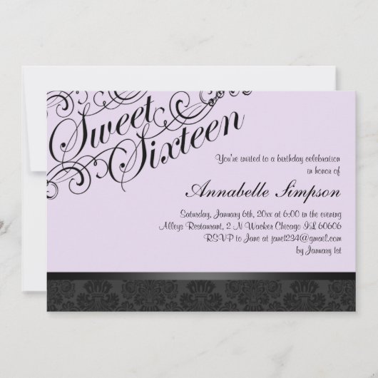 Purple & Black Chic Damask Sweet16 Invitation (Devant)