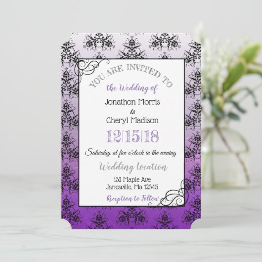 Purple Black Damask Classy Wedding invitations (Debout devant)
