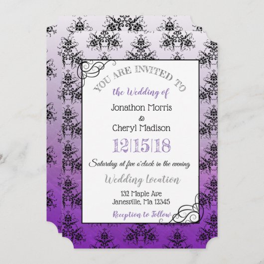Purple Black Damask Classy Wedding invitations (Devant / Derrière)