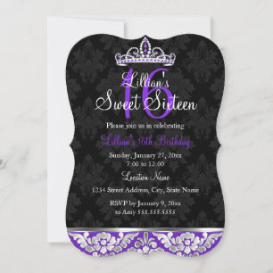 Purple Black Damask & Tiara Sweet 16 Invitation