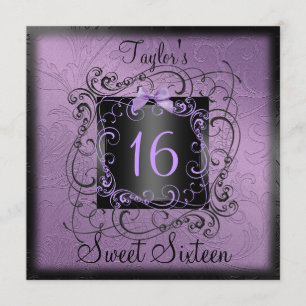 Purple & Black Frame Sweet16 Invitation d'annivers