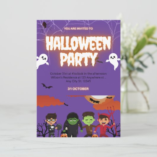 Purple & Black Halloween Party Invitation Kaart (Staand voorkant)