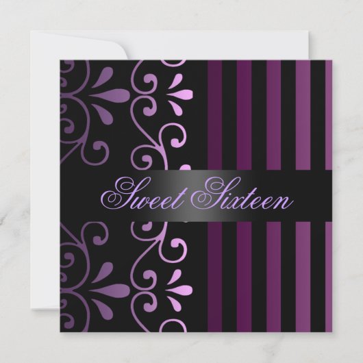 Purple/Black Stripe & Swirl Sweet 16 Invitation (Devant)