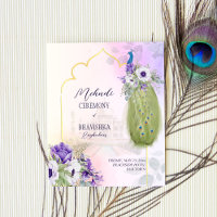 Purple bloemen pauw budget Mehndi uitnodiging