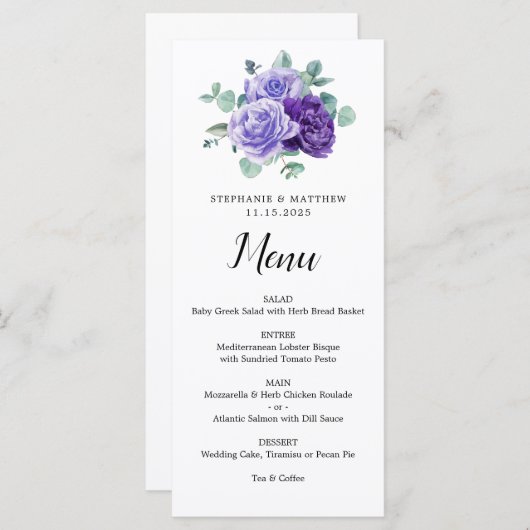 Purple Bloom Eucalyptus Botanical Wedding Menu (Devant / Derrière)