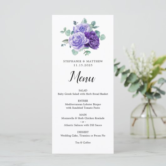 Purple Bloom Eucalyptus Botanical Wedding Menu (Debout devant)