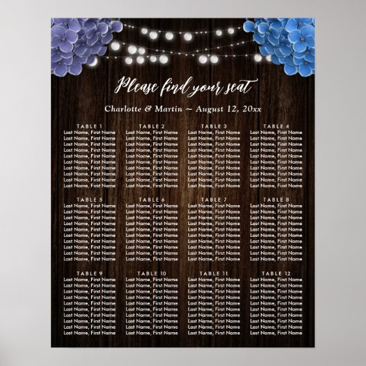 Purple Blue Floral Wedding Seating Chart 12 Poster (Voorkant)