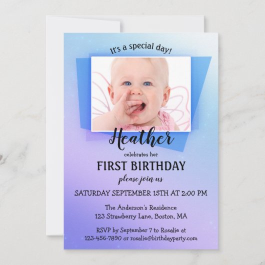 Purple Blue Photo First Birthday Party Invitation (Devant)