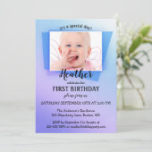 Purple Blue Photo First Birthday Party Invitation (Debout devant)