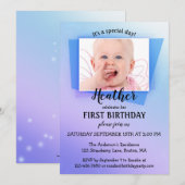 Purple Blue Photo First Birthday Party Invitation (Devant / Derrière)