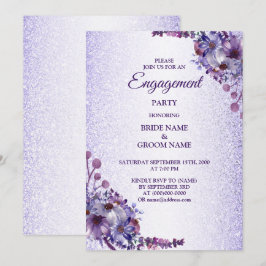 Purple Blue Pink Floral Glitter Engagement Party Kaart