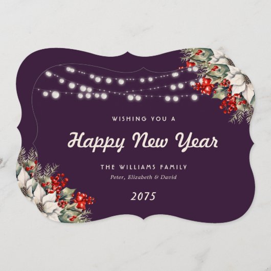 Purple Botanical String Lights New Year Card Feestdagenkaart (Voorkant / Achterkant)