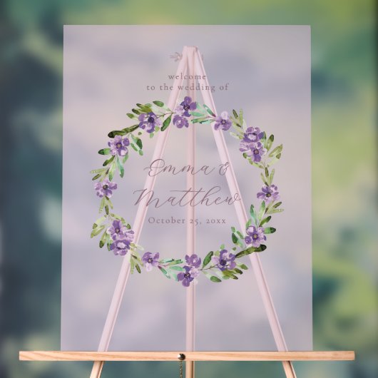 Purple Botanical Wreath Wedding Welcome Sign (Neutre)