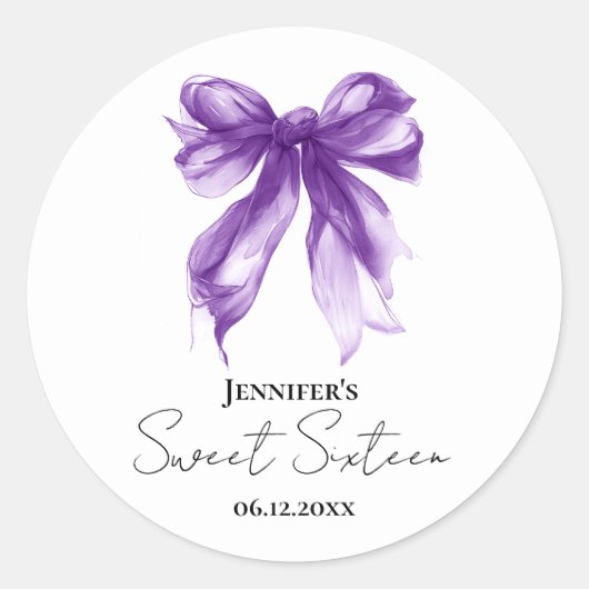 Purple Bow Coquette Script Sweet 16 Party  Ronde Sticker (Voorkant)