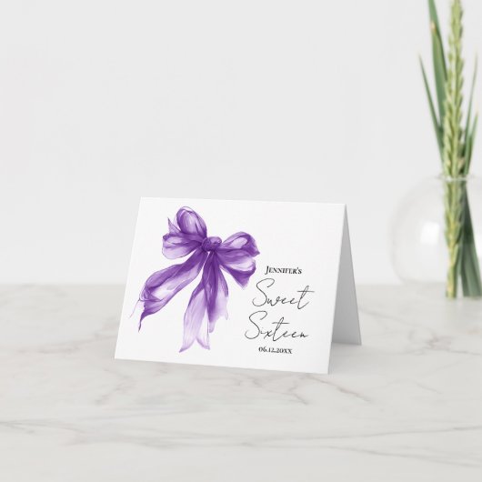 Purple Bow Coquette Script Sweet 16 Thank You Bedankkaart (Voorkant)