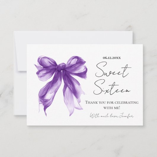 Purple Bow Coquette Script Sweet 16 Thank You Bedankkaart (Voorkant)