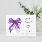Purple Bow Coquette Script Sweet 16 Thank You Bedankkaart (Staand voorkant)