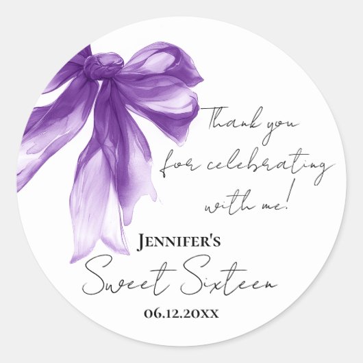 Purple Bow Coquette Script Sweet 16 Thank You  Ronde Sticker (Voorkant)