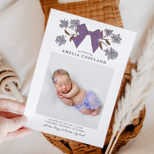 Purple Bow Faire-part de naissance photo bébé