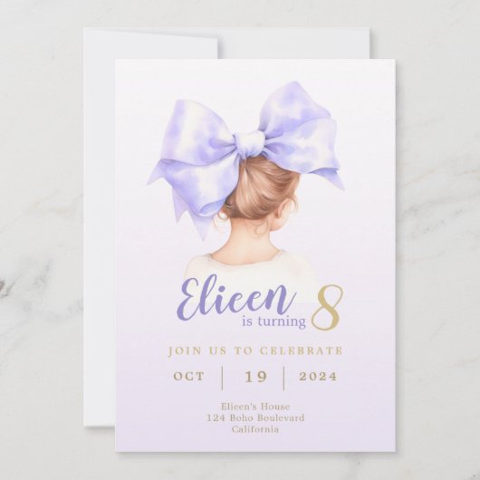 Purple Bow Girl Anniversaire Invitation (Devant)
