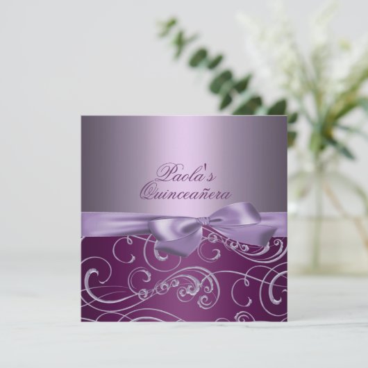 Purple Bows & Swirl Quinceañera Invitation (Debout devant)
