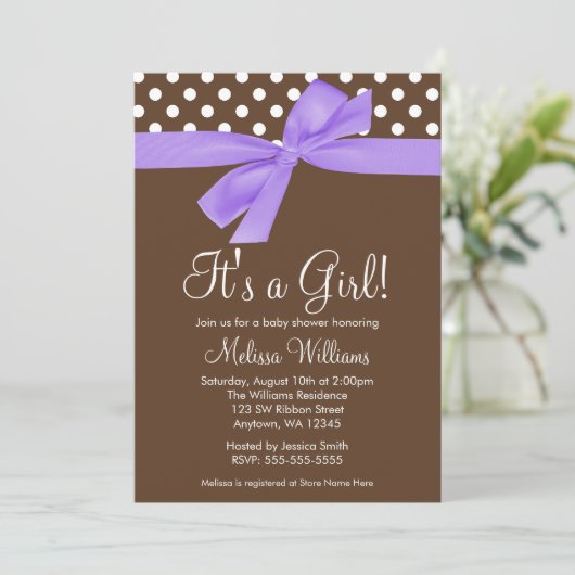 Purple Brown Bow Polka Dot Baby Shower Invitations (Debout devant)