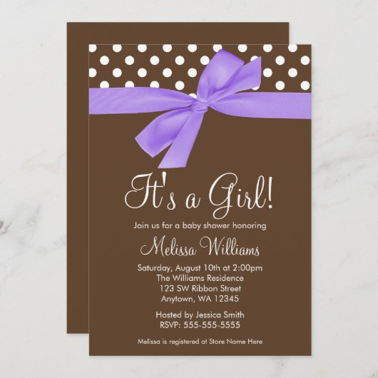 Purple Brown Bow Polka Dot Baby Shower Invitations (Devant / Derrière)