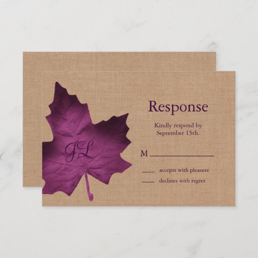 Purple Burlap Monogramme RSVP (Devant / Derrière)