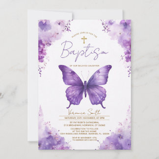 Purple Butterfly Baptism Invitation Kaart