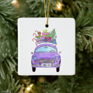 Purple Car met Christmas Gifts Watercolor Keramisch Ornament