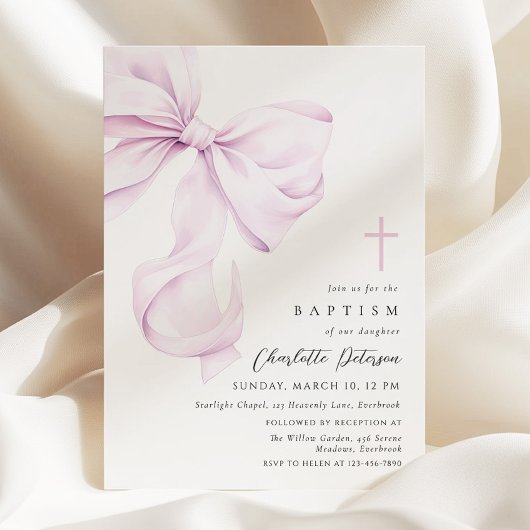 Purple Coquette Bow Baptism Invitation Kaart