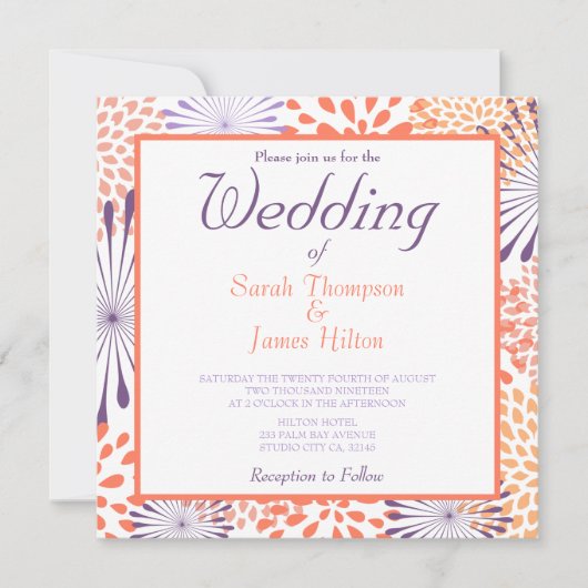 Purple & Coral Floral Blossoms Mariage Invitations (Devant)