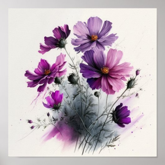 Purple Cosmos Fleurs Art Imprimer Poster (Devant)
