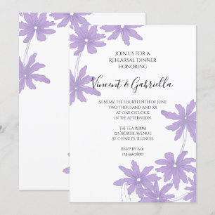 Purple Daisies on White Wedding Rehearsal Dinner Kaart