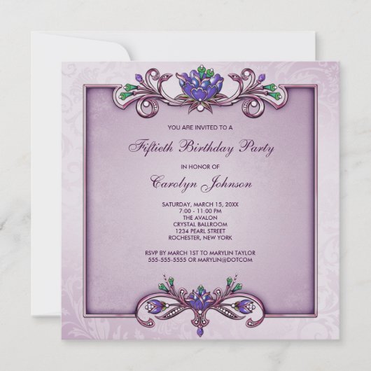 Purple Damask 50th Birthday Party Invitation (Devant)