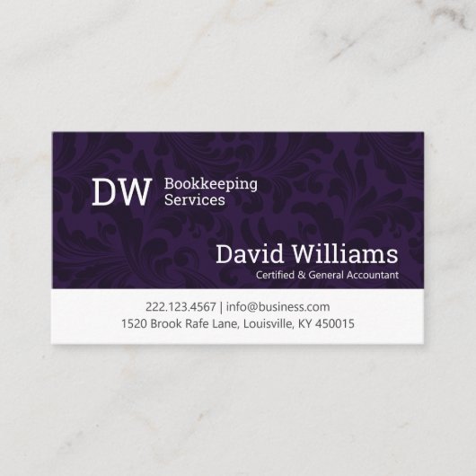 Purple Damask Carte de visite de comptabilité/comp (Devant)