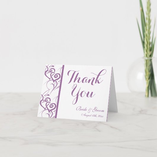 Purple Double Coeurs Swirl Mariage Merci Cartes (Devant)